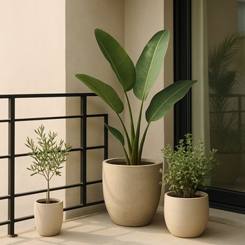 Balkonda yaşıl bitkilər və kiçik dekor aksentləri ilə künc