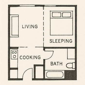 Kiçik studiya mənzili üçün zonalaşdırma plan eskizi