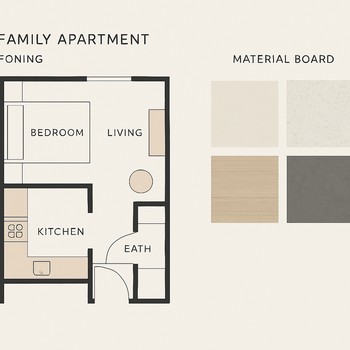 Ailə mənzili üçün plan və material board kombinasiyası