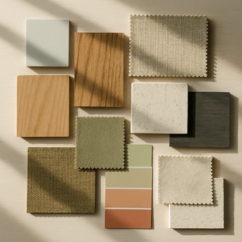 Gündüz material board masasında plitə və parça nümunələri