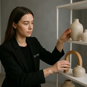 Interyer stylistinin dekor küncündə çəkilmiş portreti