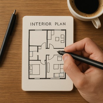 Əl ilə çəkilmiş plan eskizləri olan dəftər və qələm