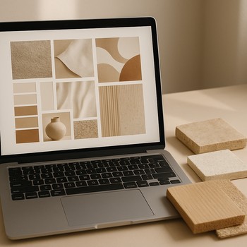 Ekranda moodboard və yanında material nümunələri