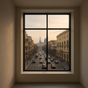 Studiyanın pəncərəsindən Bakı küçə mənzərəsi