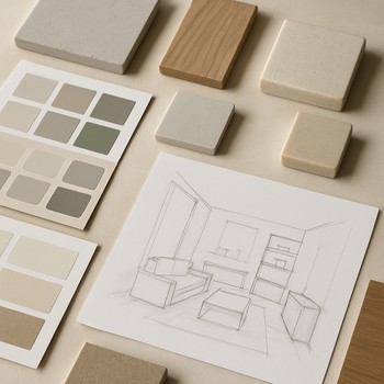 Masanın üzərində material nümunələri, rəng kartları və eskizlər